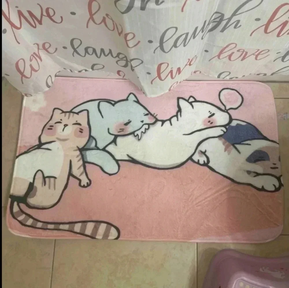 Pink plush bath mat mini rug with sleepy multicolored kittens design home decor